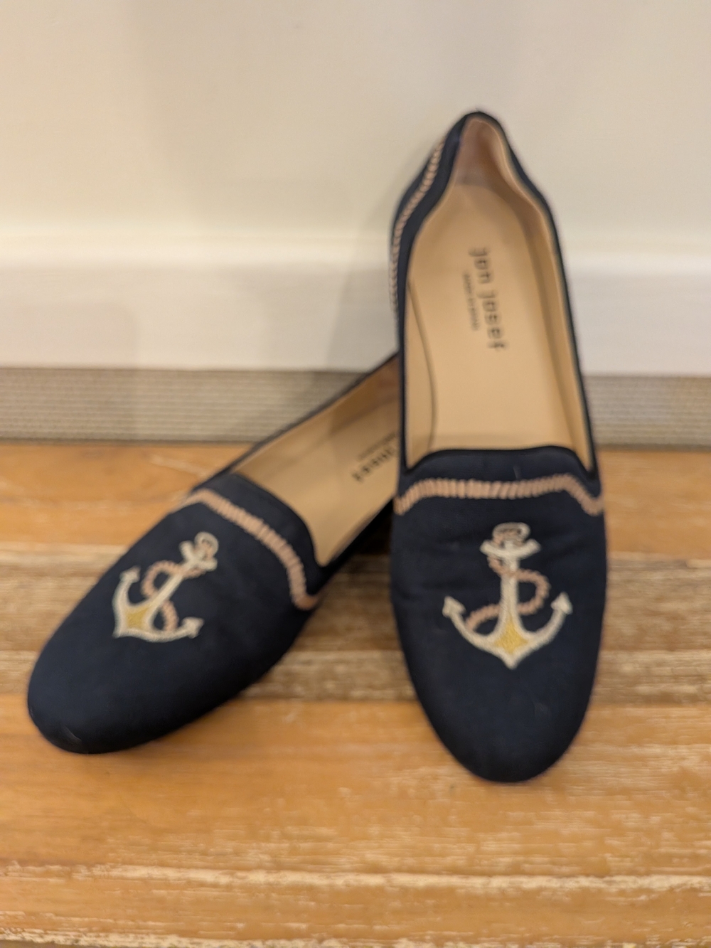Jon Josef Navy Anchor Embroidered Women’s Loafers. Leather Sole 8.5M